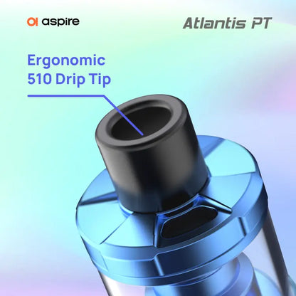 Ergonomic 510 drip tip of an Aspire Atlantis PT vaping device on a gradient background.