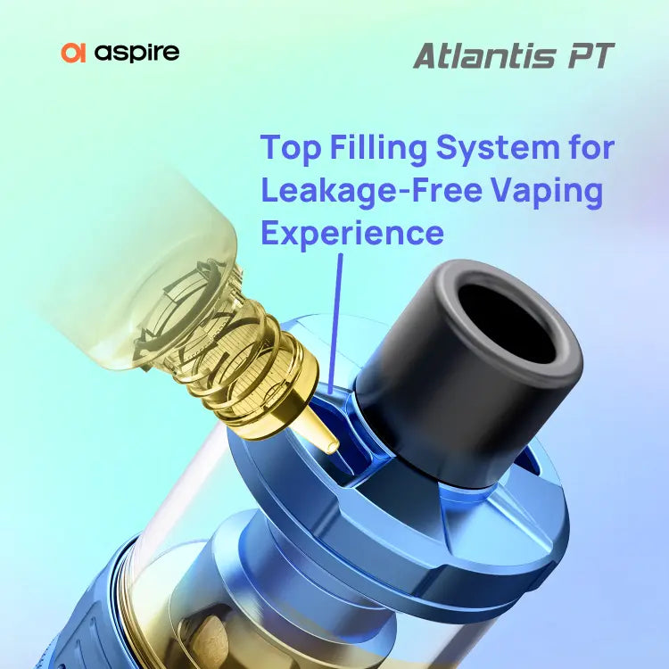 Vaping device component with 'Aspire' branding and text about leakage-free vaping experience on a gradient background.