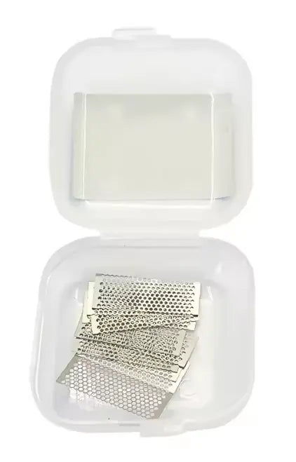 Clear plastic container with a white lid holding metal mesh on a white background
