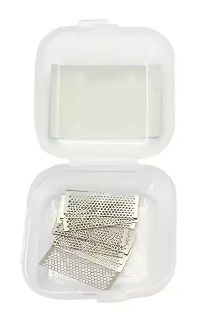 Clear plastic container with a white lid holding metal mesh on a white background