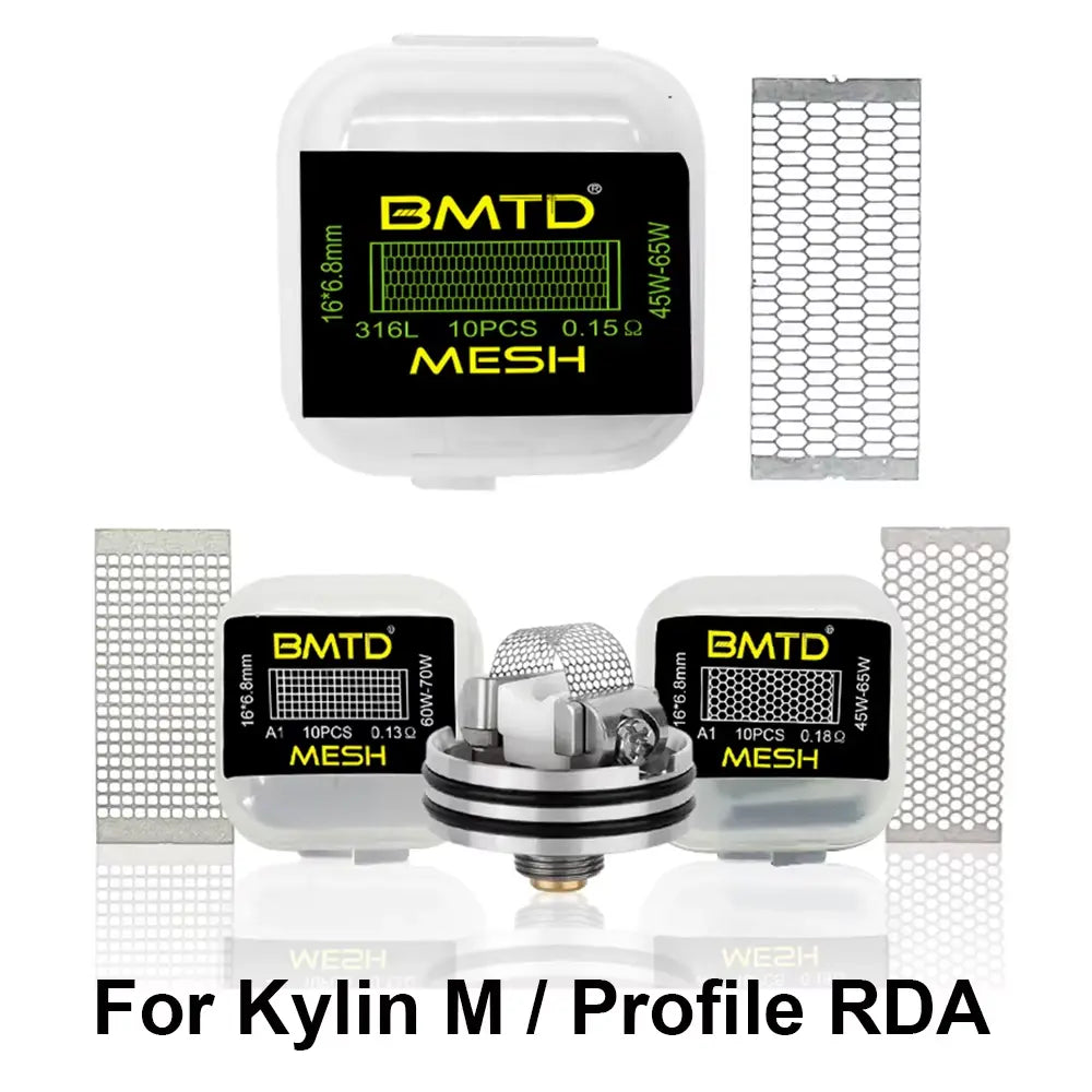 BMTD vaping components including a mesh filter and RDA assembly on a white background.