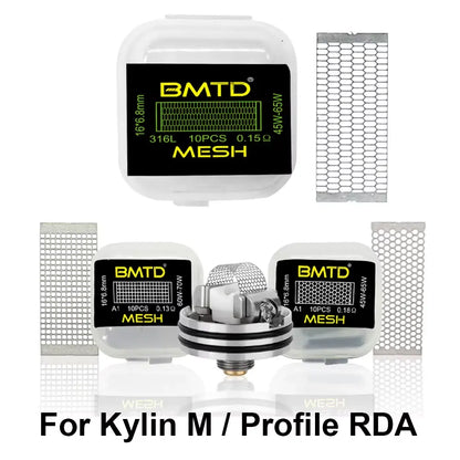 BMTD vaping components including a mesh filter and RDA assembly on a white background.