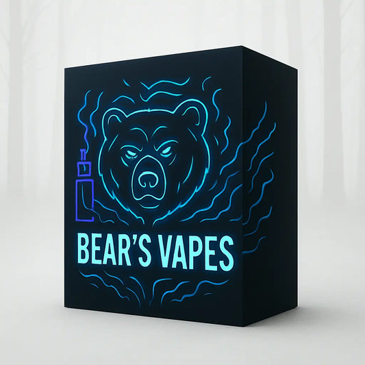 Black box with blue neon design of a bear and 'Bear's Vapes' text on a white background Bear's Vapes Mystery Box