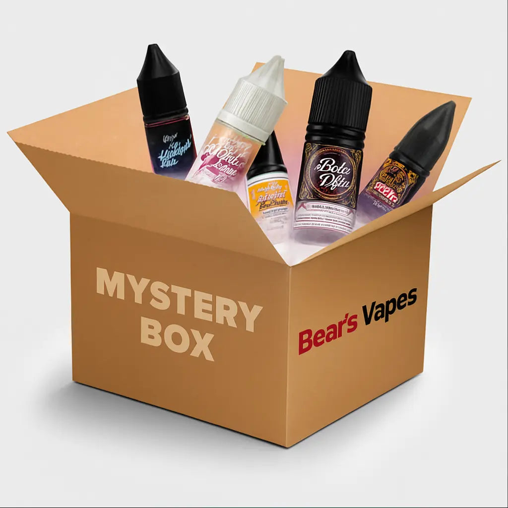 Open cardboard box labeled 'Mystery Box' with Bear's Vapes vape liquids on a light gray background