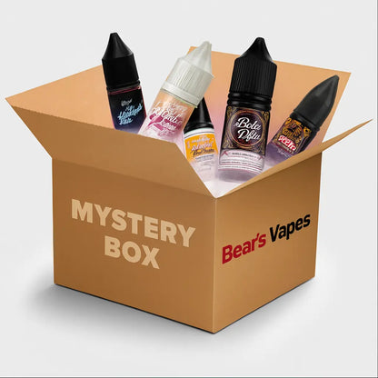 Open cardboard box labeled 'Mystery Box' with Bear's Vapes vape liquids on a light gray background