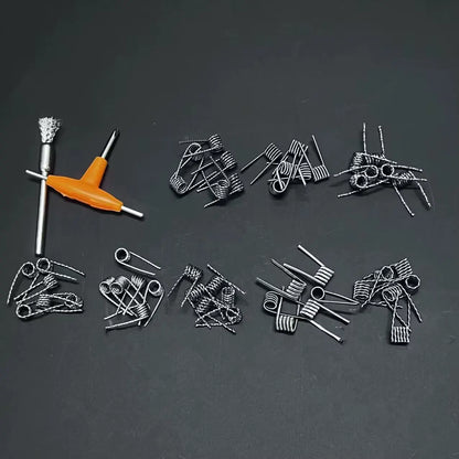 Collection of metal coils and tools on a dark background