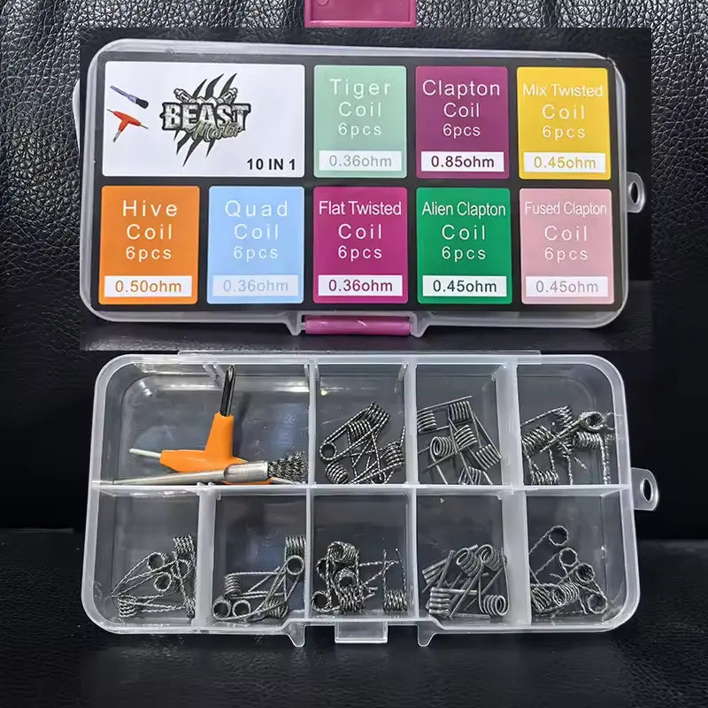 Coil building set with various coil types in a clear organizer on a dark background