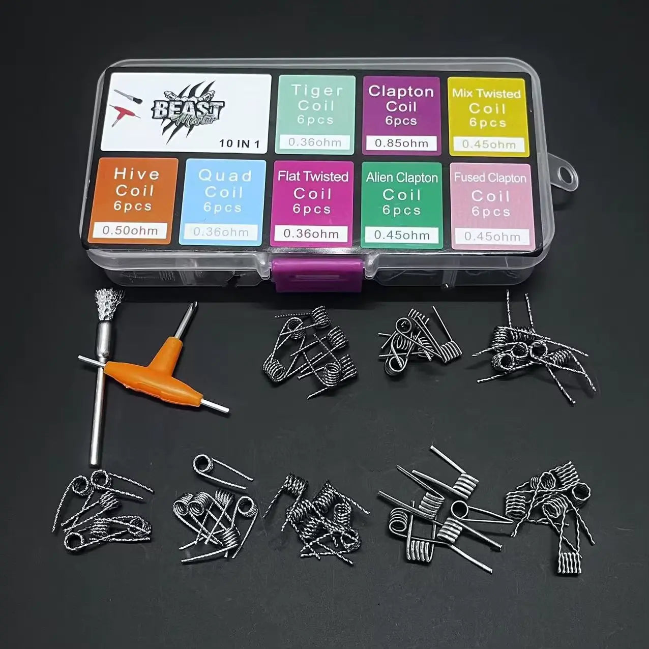 Coil building kit with various coil shapes and a tool on a black background