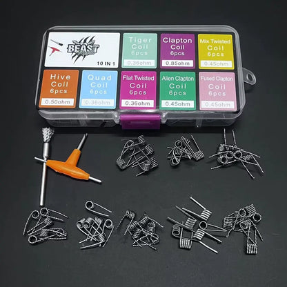 Coil building kit with various coil shapes and a tool on a black background