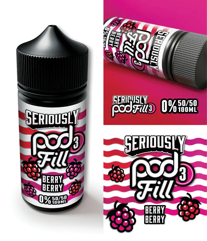 Seriously Pod Fill Berry Berry vape juice bottle with packaging on a white background