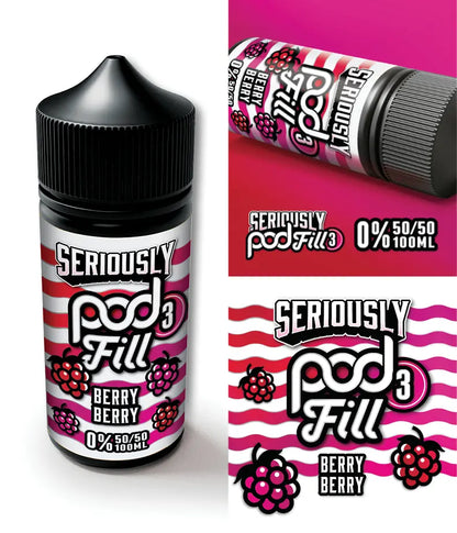 Seriously Pod Fill Berry Berry vape juice bottle with packaging on a white background