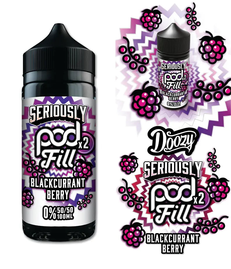 Blackcurrant berry vape juice bottle with branding and graphics on a white background