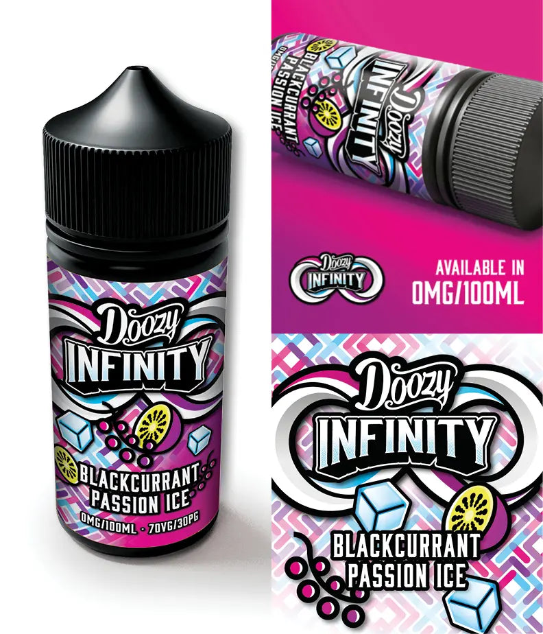Doozy Infinity Blackcurrant Passion Ice e-liquid bottle with colourful label on a white background