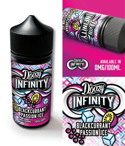 Doozy Infinity Blackcurrant Passion Ice e-liquid bottle with colourful label on a white background