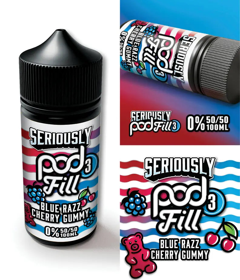 Seriously Pod Fill Blue Razz Cherry Gummy vape juice bottle and packaging on a white background