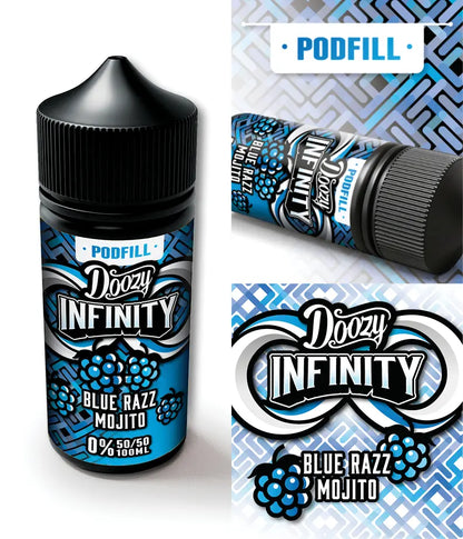 Doozy Infinity Blue Razz Mojito vape juice bottle with packaging on a white background