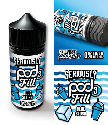 Seriously Pod Fill Blue Slush e-liquid bottle and packaging on a white background