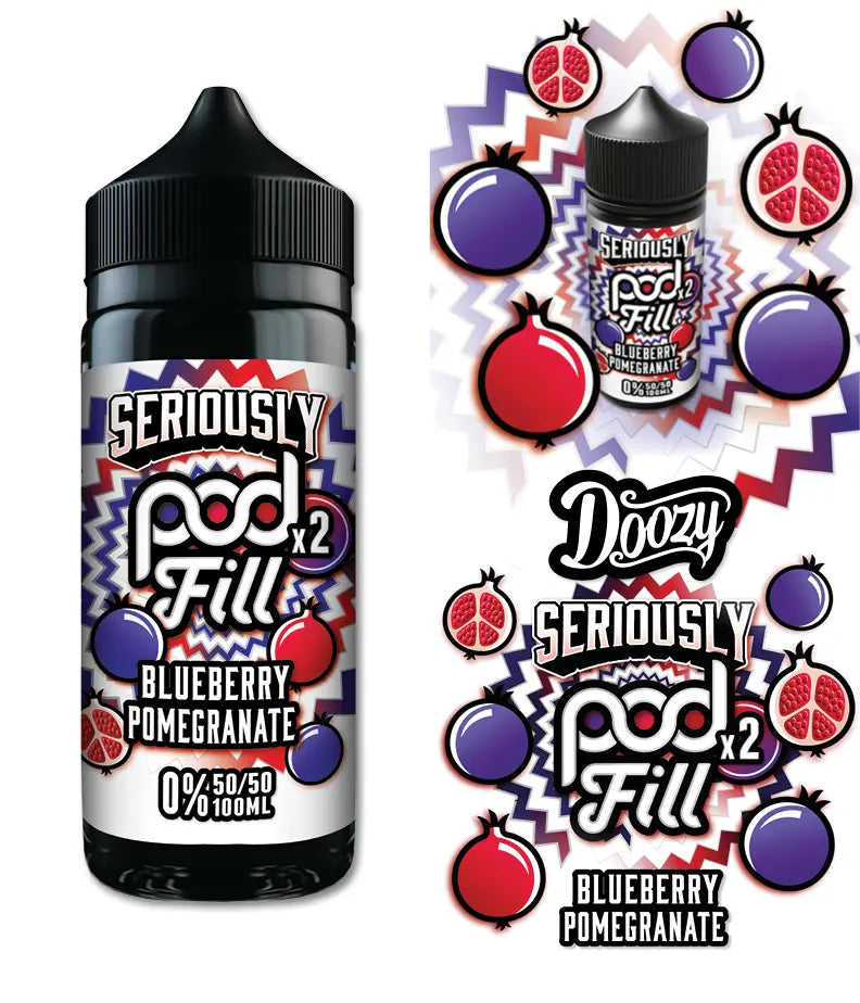 Seriously Pod Fill Blueberry Pomegranate e-liquid bottle with colorful graphics on a white background