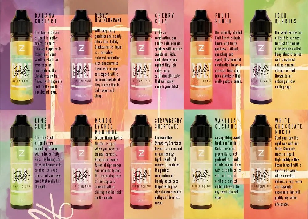 Display of various Bolt e-liquids with colourful labels on a gradient background.