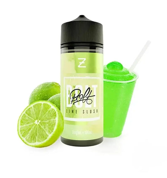 Bolt Lime Slush Short-fill e-liquid bottle with limes and a slushy on a white background.