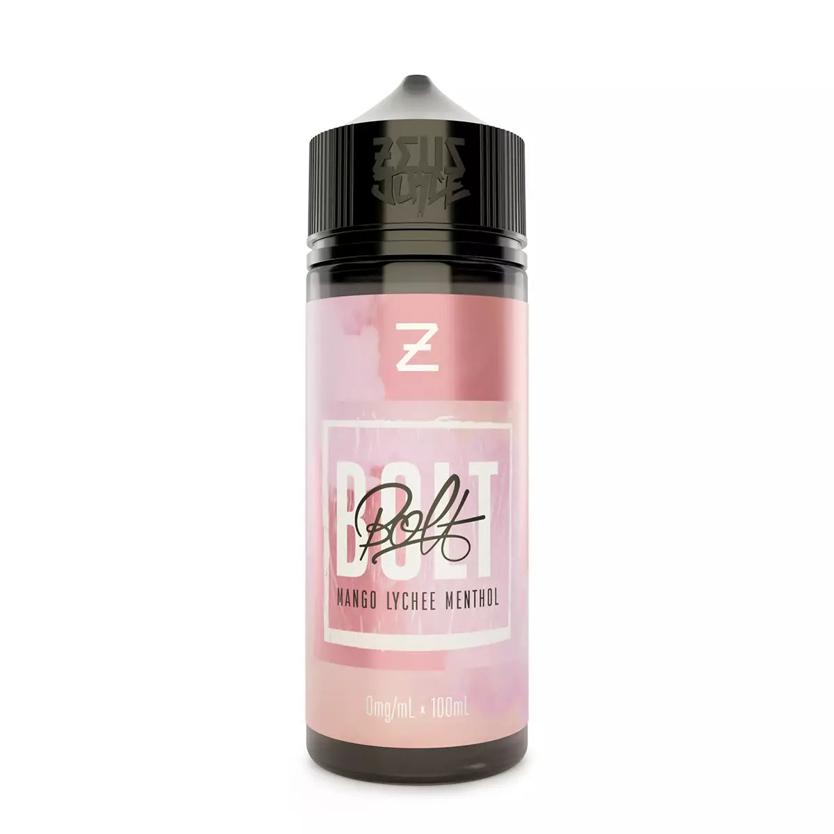 Bottle of Bolt Mango Lychee Menthol Short-fill e-liquid by Zeus Juice with pink label on a white background