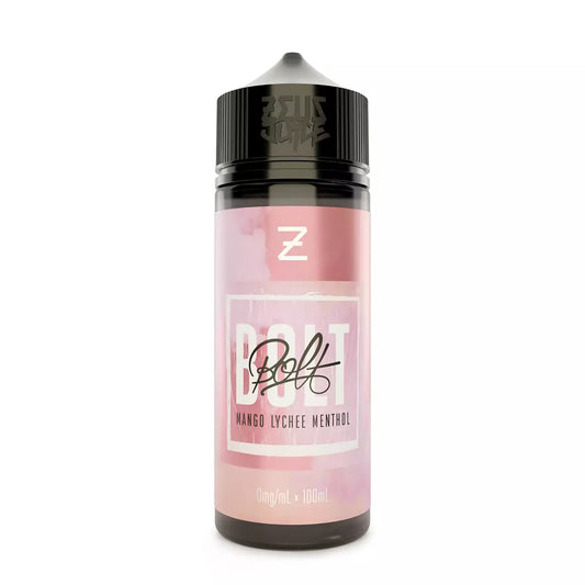 Bottle of Bolt Mango Lychee Menthol Short-fill e-liquid by Zeus Juice with pink label on a white background