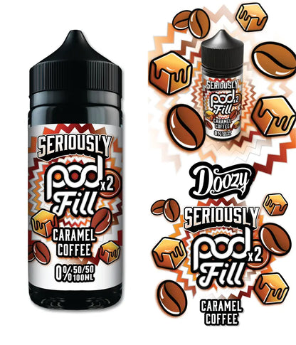E-liquid bottle labeled 'Seriously Pod Fill Caramel Coffee' with coffee bean and box graphics on a white background.