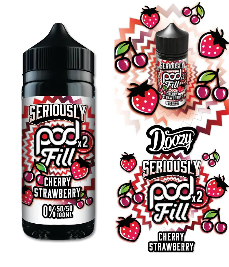 Vape pod labeled 'Seriously Pod Fill' with cherry strawberry flavour on a white background.