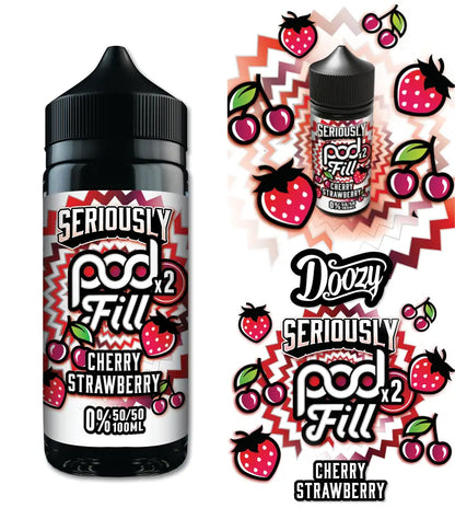 Vape pod labeled 'Seriously Pod Fill' with cherry strawberry flavour on a white background.