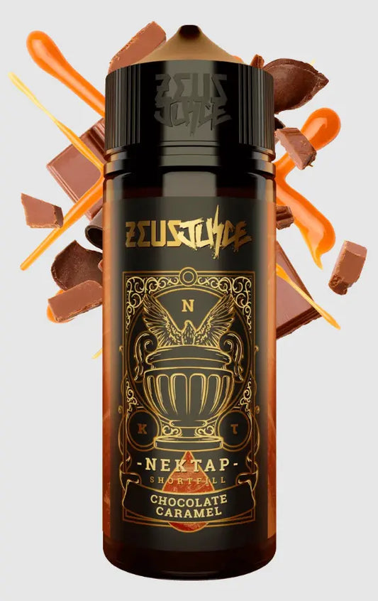 Vape juice bottle with chocolate caramel flavour on a grey background