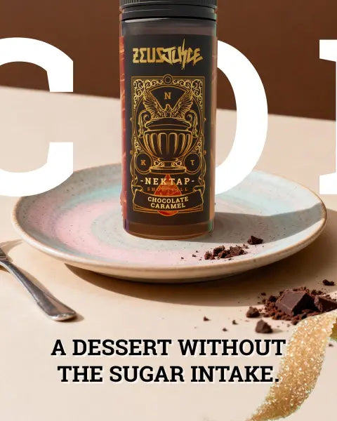 Zeusjuice chocolate caramel e-liquid on a plate with text about a dessert without sugar intake.