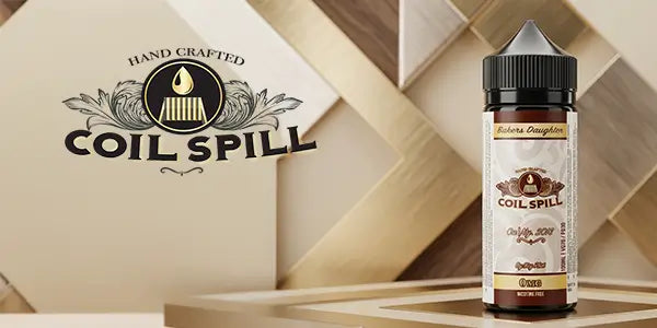 Coil Spill vape juice bottle with brand logo on a wooden background