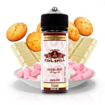 Coil Spill Bakers Daughter Short-fill e-liquid bottle with cookies, white chocolate, and pink candy on a white background