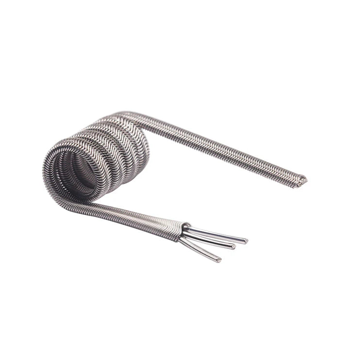 Coiled metal wire with two leads on a white background
