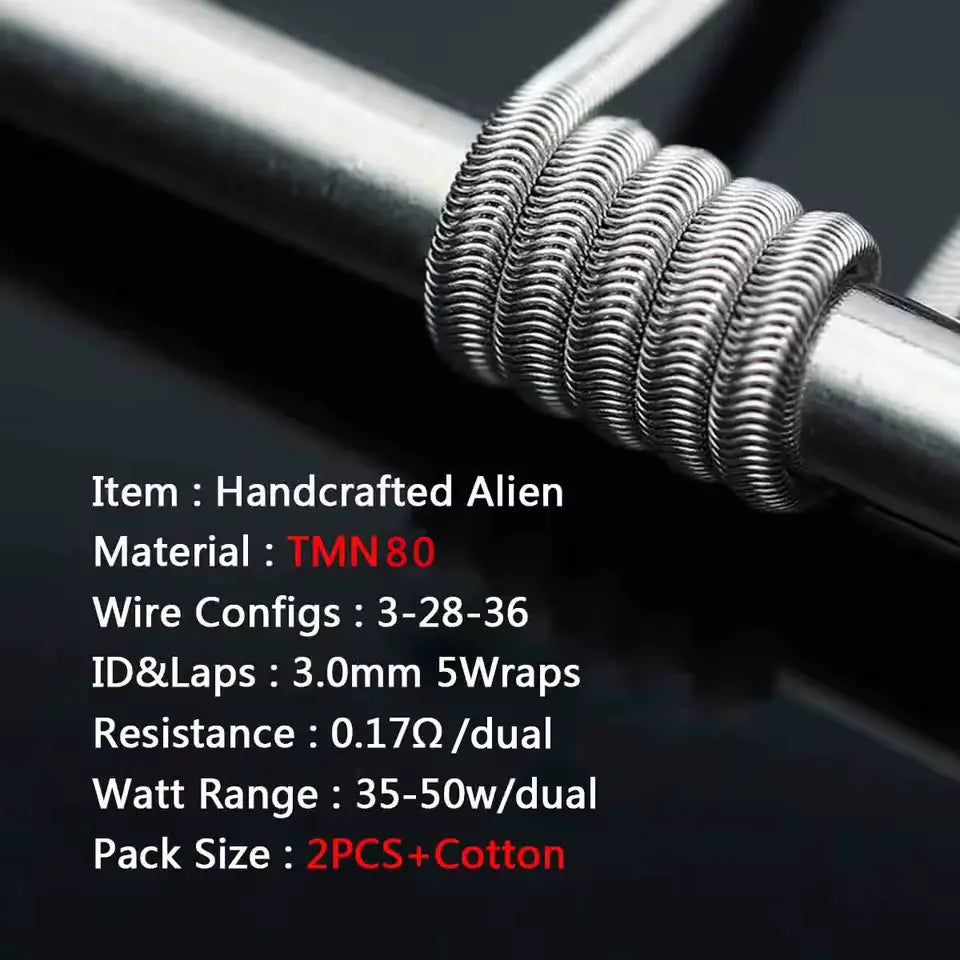 Coilology Twisted Messes Alien Handmade Coils with technical specifications on a dark background