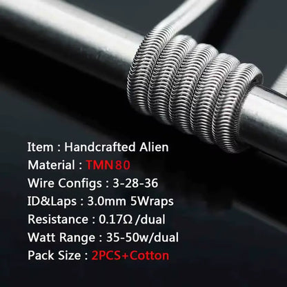 Coilology Twisted Messes Alien Handmade Coils with technical specifications on a dark background