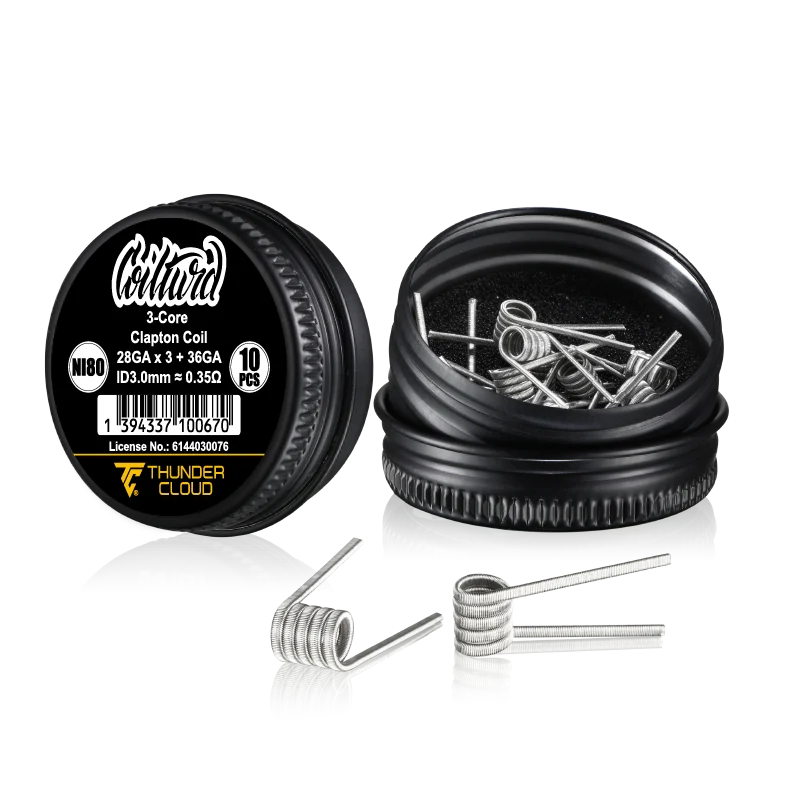 3core Clapton Coils Ni80 0.35 Ohm Thundercloud X Coilturd Coil pack with Coils on a white background