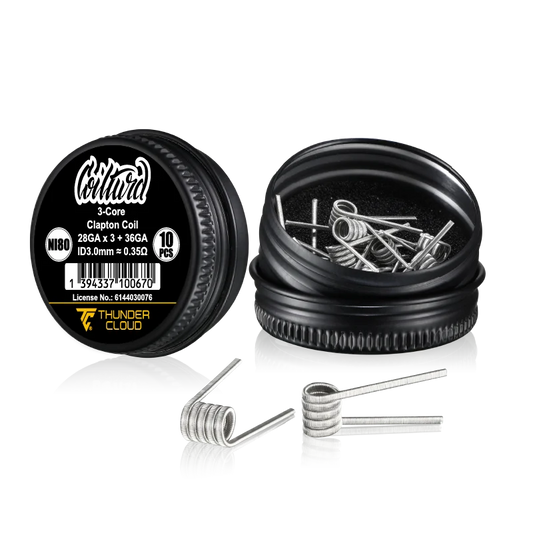 3core Clapton Coils Ni80 0.35 Ohm Thundercloud X Coilturd Coil pack with Coils on a white background