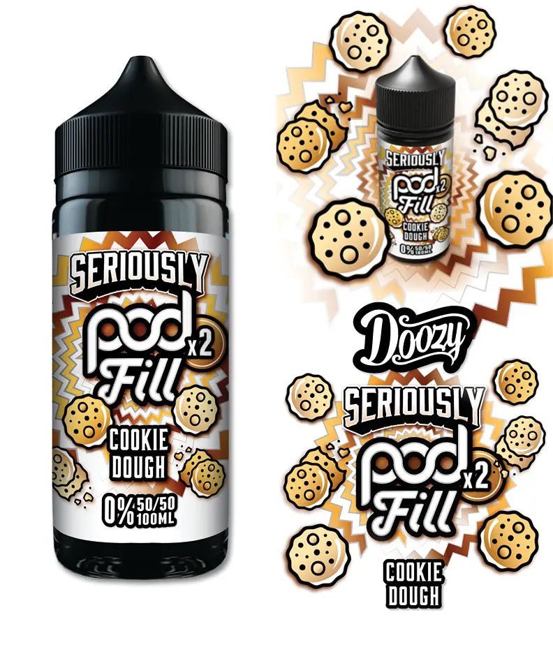 Seriously Pod Fill Cookie Dough vape juice bottle with packaging design elements on a white background