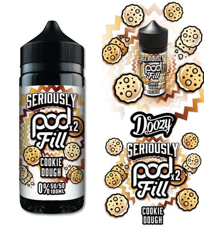 Seriously Pod Fill Cookie Dough vape juice bottle with packaging design elements on a white background