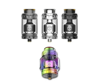 Three Dovpo x Vaping Bogan Blotto RTA vape tanks with metallic and rainbow-colored bottom on a white background