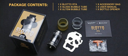 Package contents of a vaping device with BLOTTTO branding on a dark background