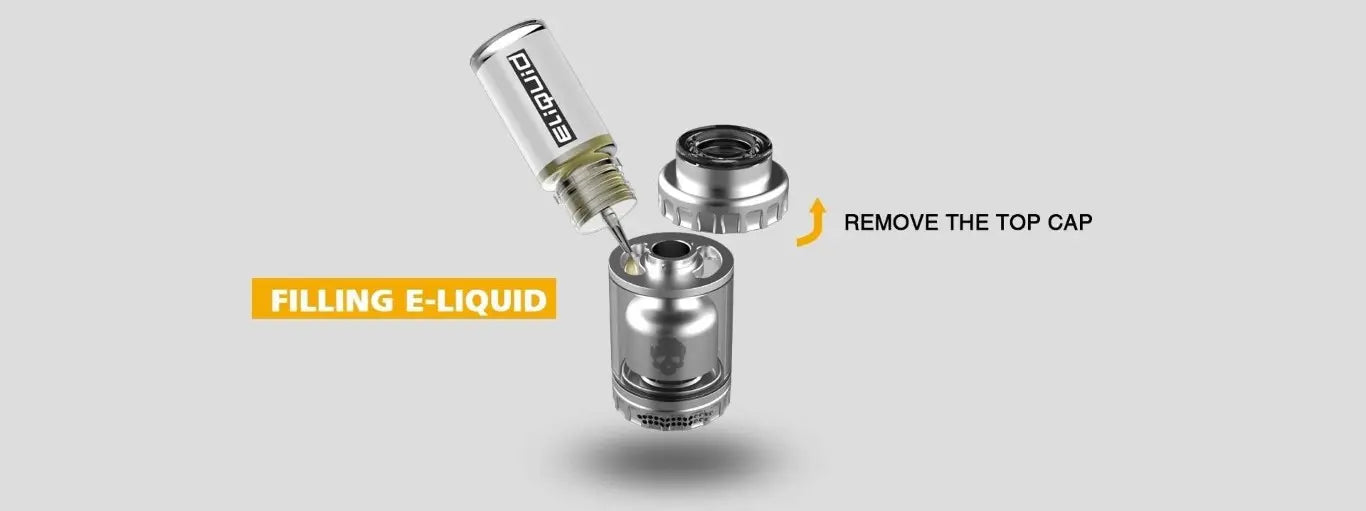 E-liquid filling instructions with a clear container and top cap on a gray background