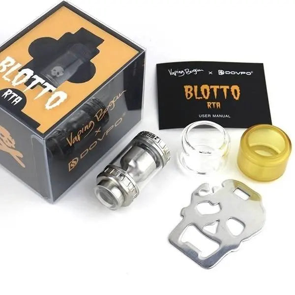 Vaping device components with 'Blotto' branding and a user manual on a white background.