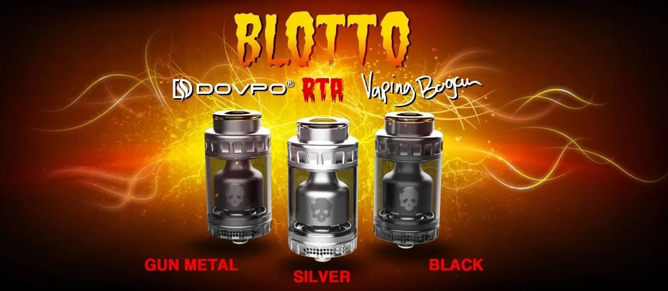 Three vape tank models in gun metal, silver, and black on a fiery background with 'Blotto' branding.