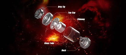 DOVPO X Vaping Bogan Blotto RTA component diagram with labelled parts on a dark background