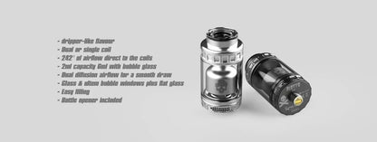 Two metallic vape coils on a light gray background with text detailing features.