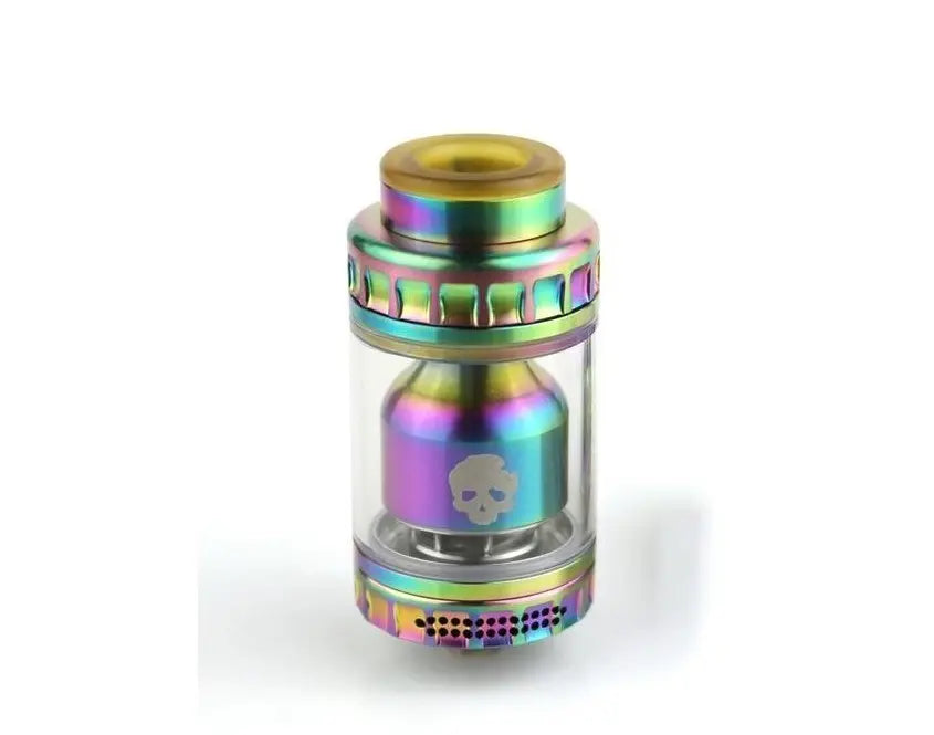 Multicoloured metallic vape tank on a white background