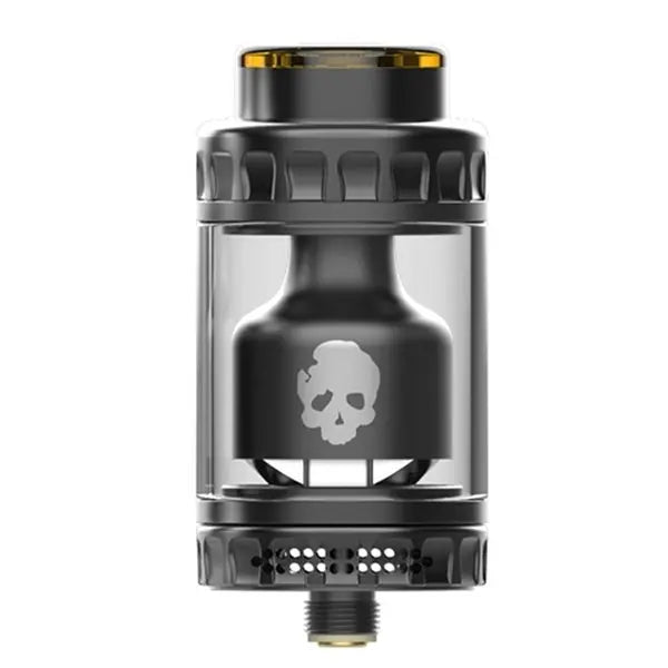 Black and clear vaping device with skull design on a white background