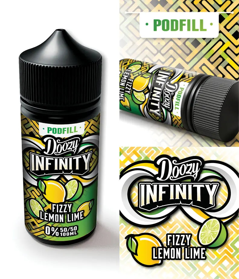 Doozy Infinity Fizzy Lemon Lime vape juice bottle with packaging on a white background